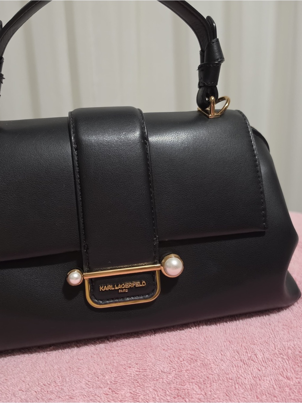 Karl Lagerfeld Black Leather Satchel with Pearl and Gold Accents - Picture 6 of 13